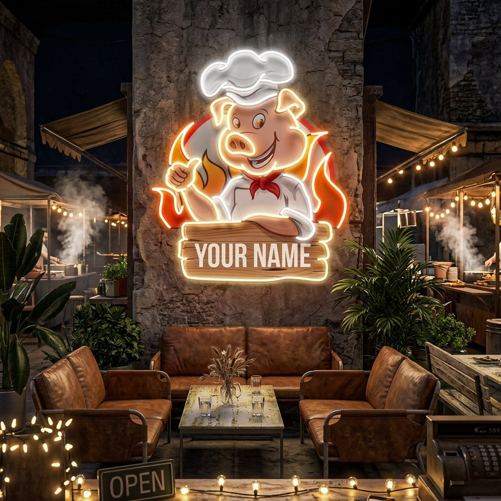 Custom Name Porky BBQ Logo Artwork Led Neon Sign Light