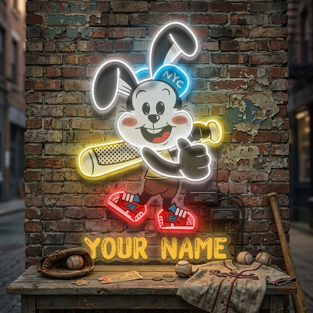 Custom Name Rabbit Playing Baseball Artwork Led Neon Sign Light