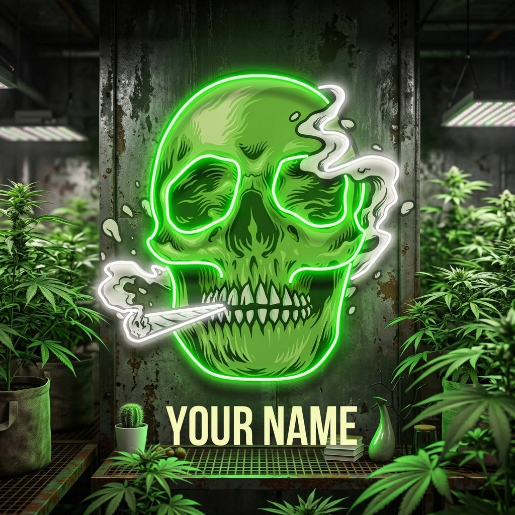 Custom Name Smoking Weed Green Skull Artwork Led Neon Sign Light