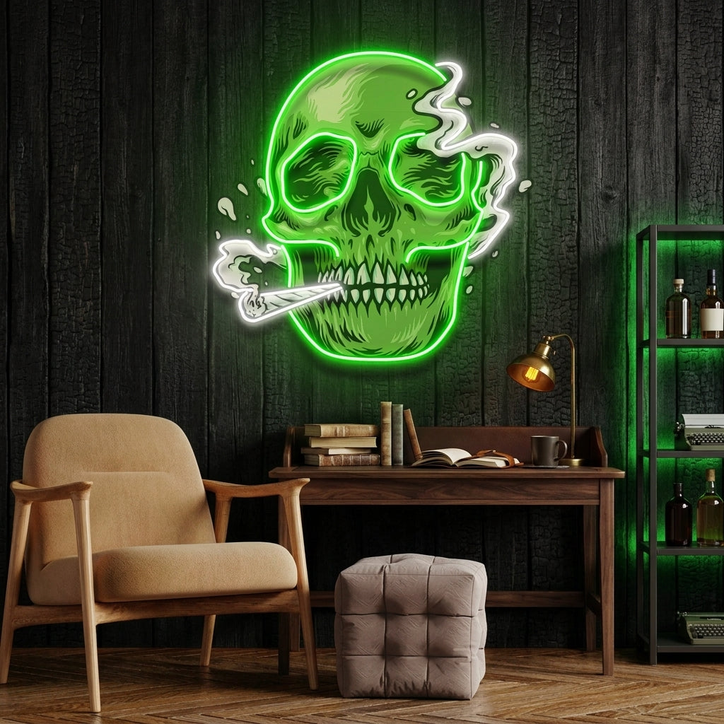 Custom Name Smoking Weed Green Skull Artwork Led Neon Sign Light