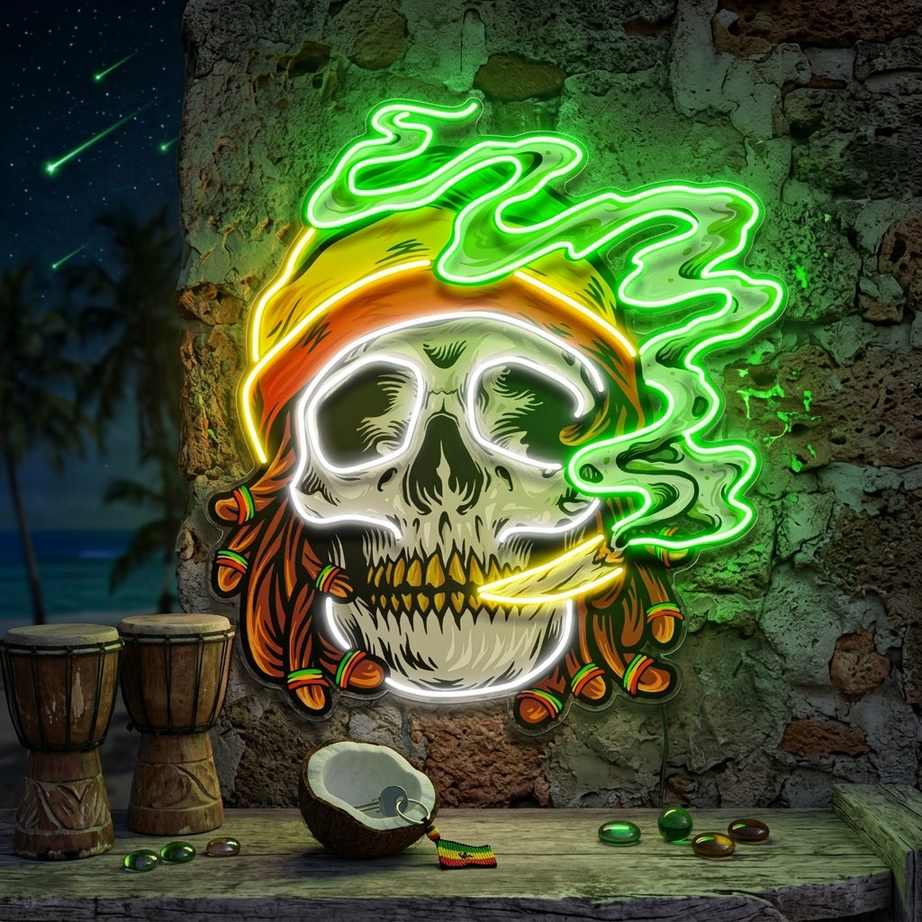 Custom Name Weed Skull Smoke Cannabis Jamaican Artwork Led Neon Sign Light