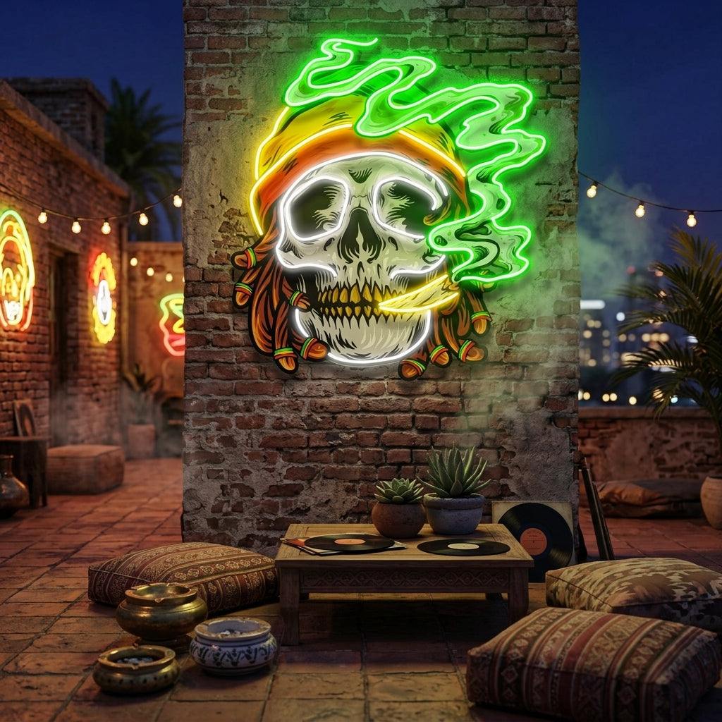 Custom Name Weed Skull Smoke Cannabis Jamaican Artwork Led Neon Sign Light