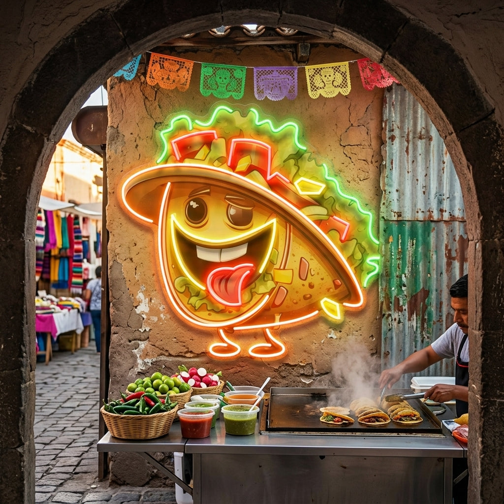 Custom Your Brand Taco With A Big Smile And A Sombrero Artwork Led Neon Sign Light