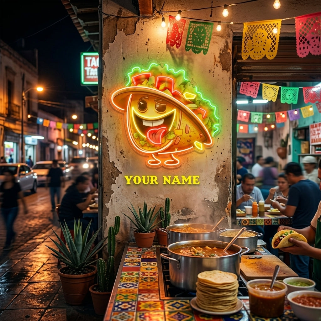Custom Your Brand Taco With A Big Smile And A Sombrero Artwork Led Neon Sign Light