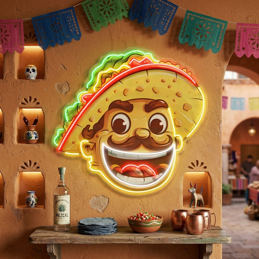 Custom Your Name Taco With A Big Smile And A Sombrero Artwork Led Neon Sign Light