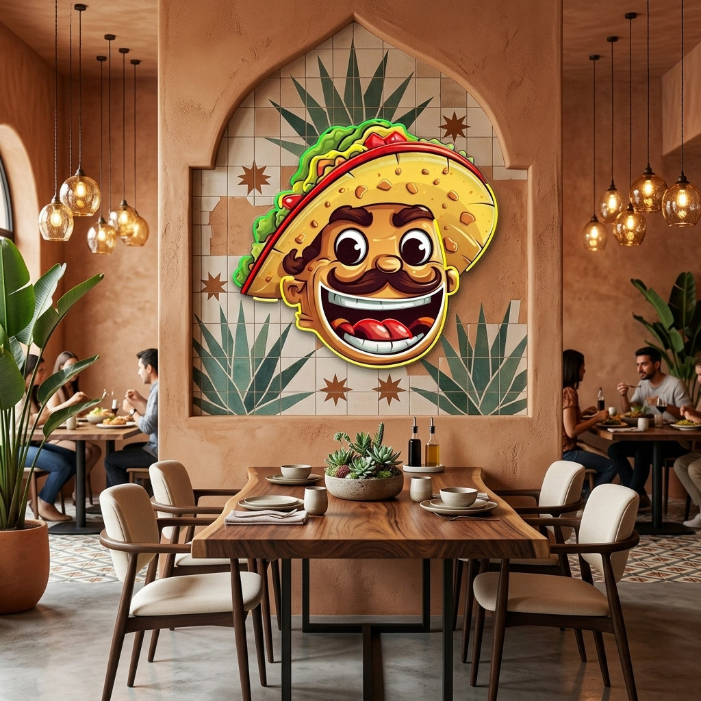 Custom Your Name Taco With A Big Smile And A Sombrero Artwork Led Neon Sign Light