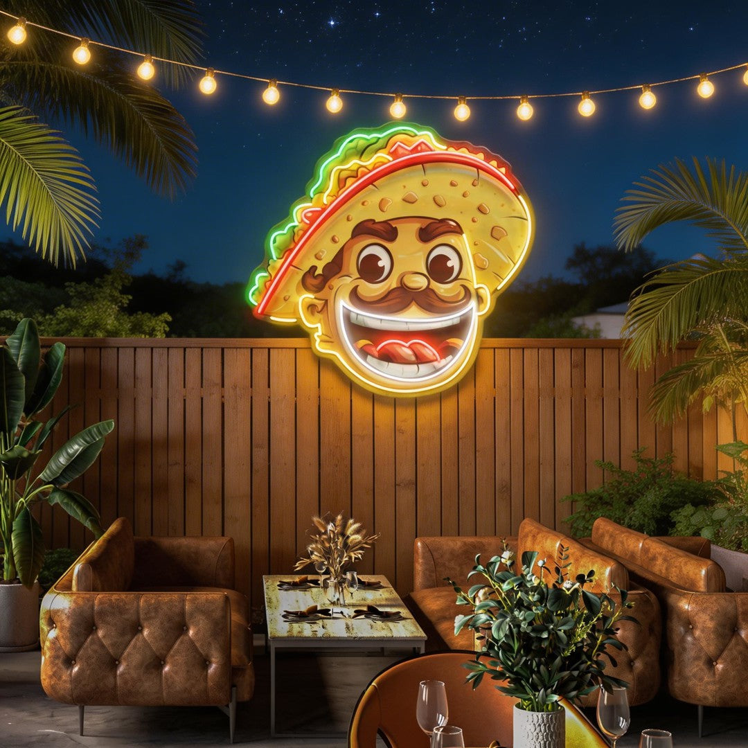 Custom Your Name Taco With A Big Smile And A Sombrero Artwork Led Neon Sign Light