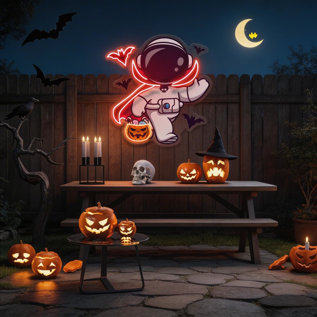 Cute Astronaut Dracula Halloween Artwork Led Neon Sign Light