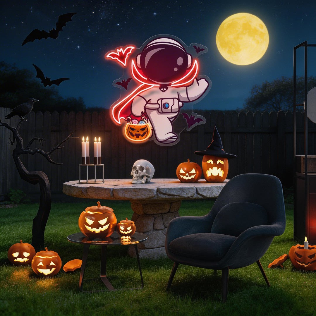Cute Astronaut Dracula Halloween Artwork Led Neon Sign Light