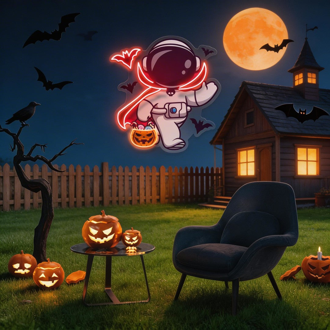 Cute Astronaut Dracula Halloween Artwork Led Neon Sign Light