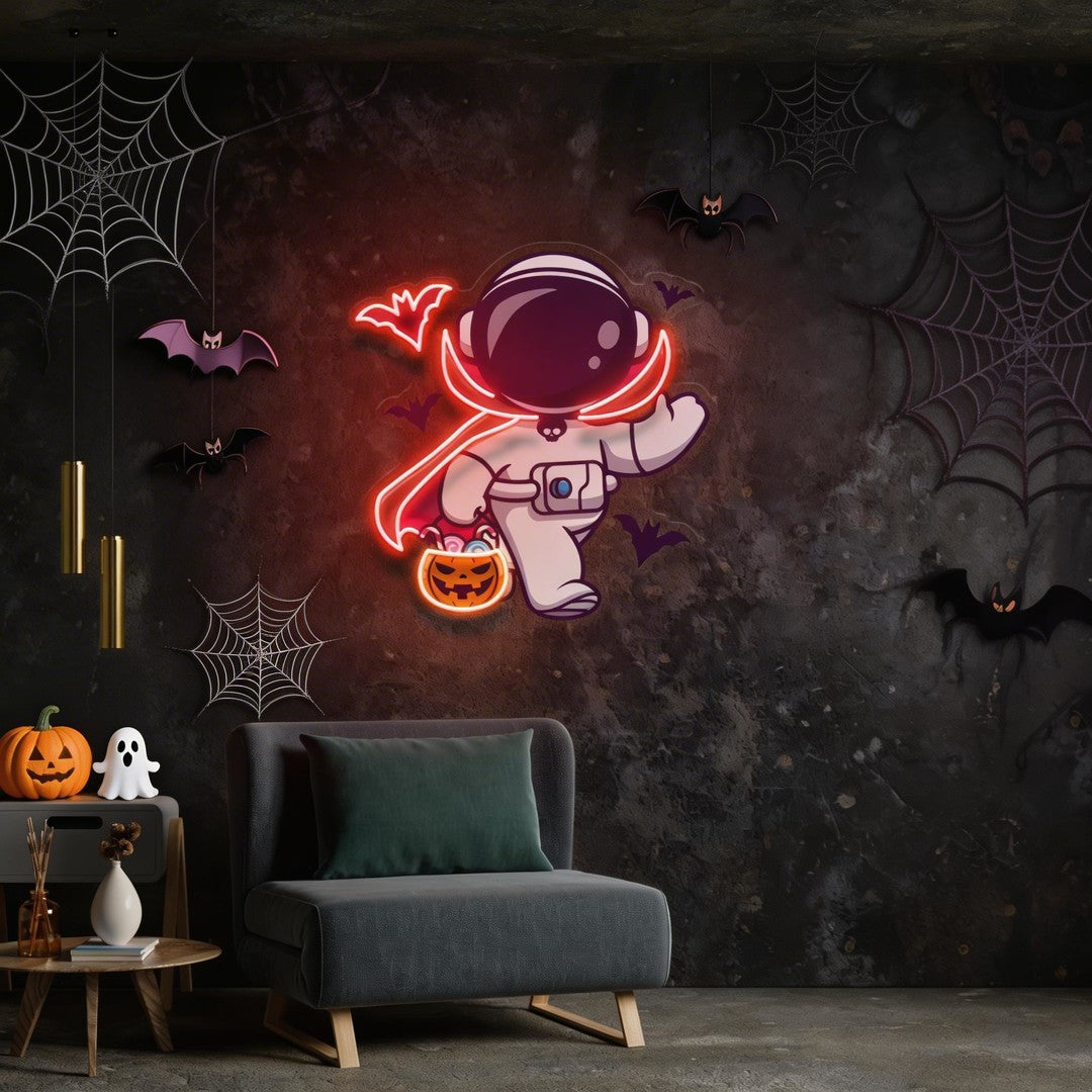 Cute Astronaut Dracula Halloween Artwork Led Neon Sign Light