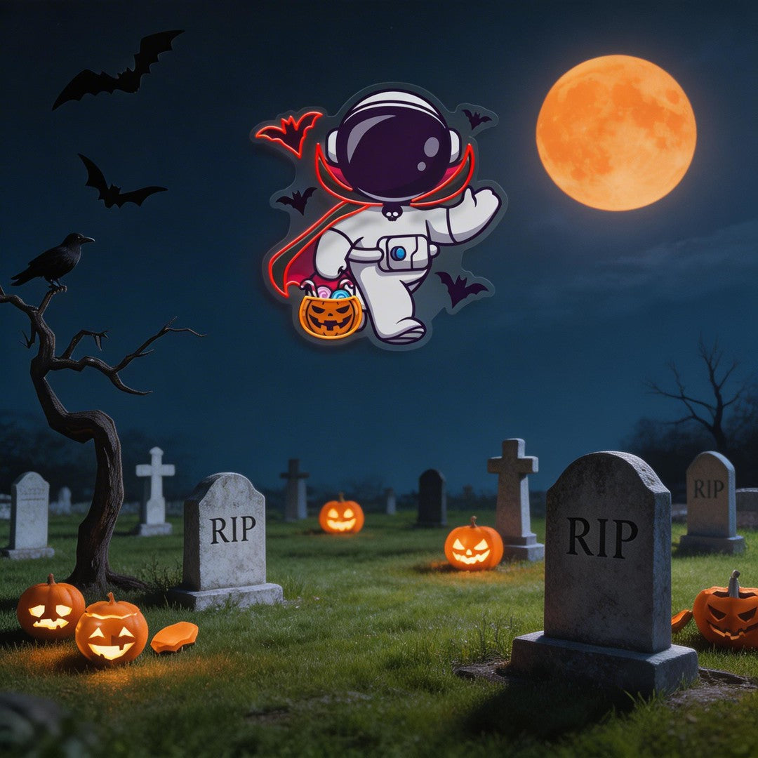 Cute Astronaut Dracula Halloween Artwork Led Neon Sign Light