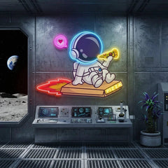 Cute Astronaut Riding Pizza Box Rocket And Eating Pizza Artwork Led Neon Sign Light