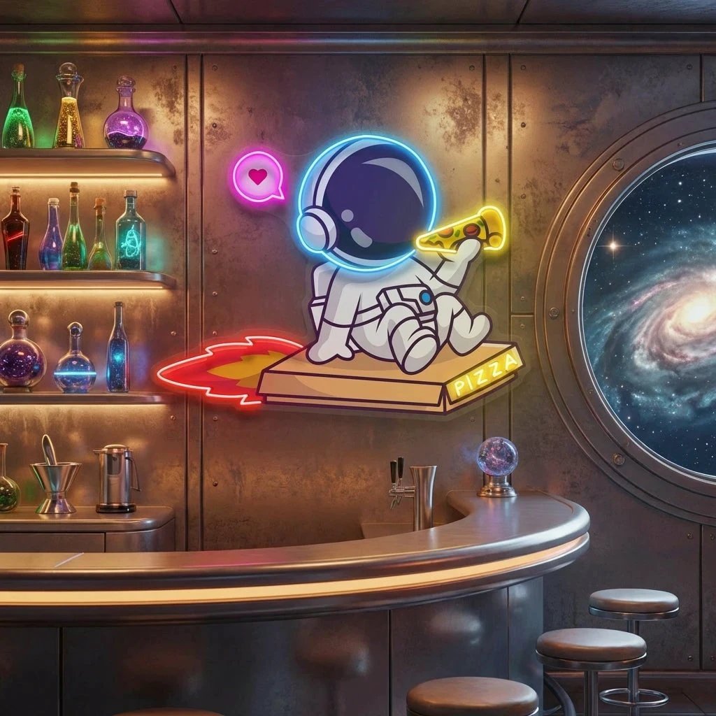 Cute Astronaut Riding Pizza Box Rocket And Eating Pizza Artwork Led Neon Sign Light