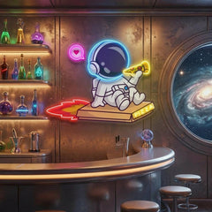 Cute Astronaut Riding Pizza Box Rocket And Eating Pizza Artwork Led Neon Sign Light