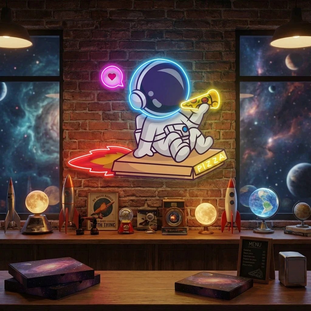 Cute Astronaut Riding Pizza Box Rocket And Eating Pizza Artwork Led Neon Sign Light