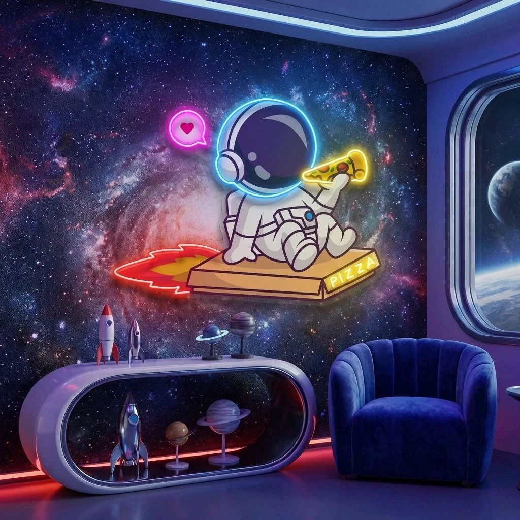 Cute Astronaut Riding Pizza Box Rocket And Eating Pizza Artwork Led Neon Sign Light