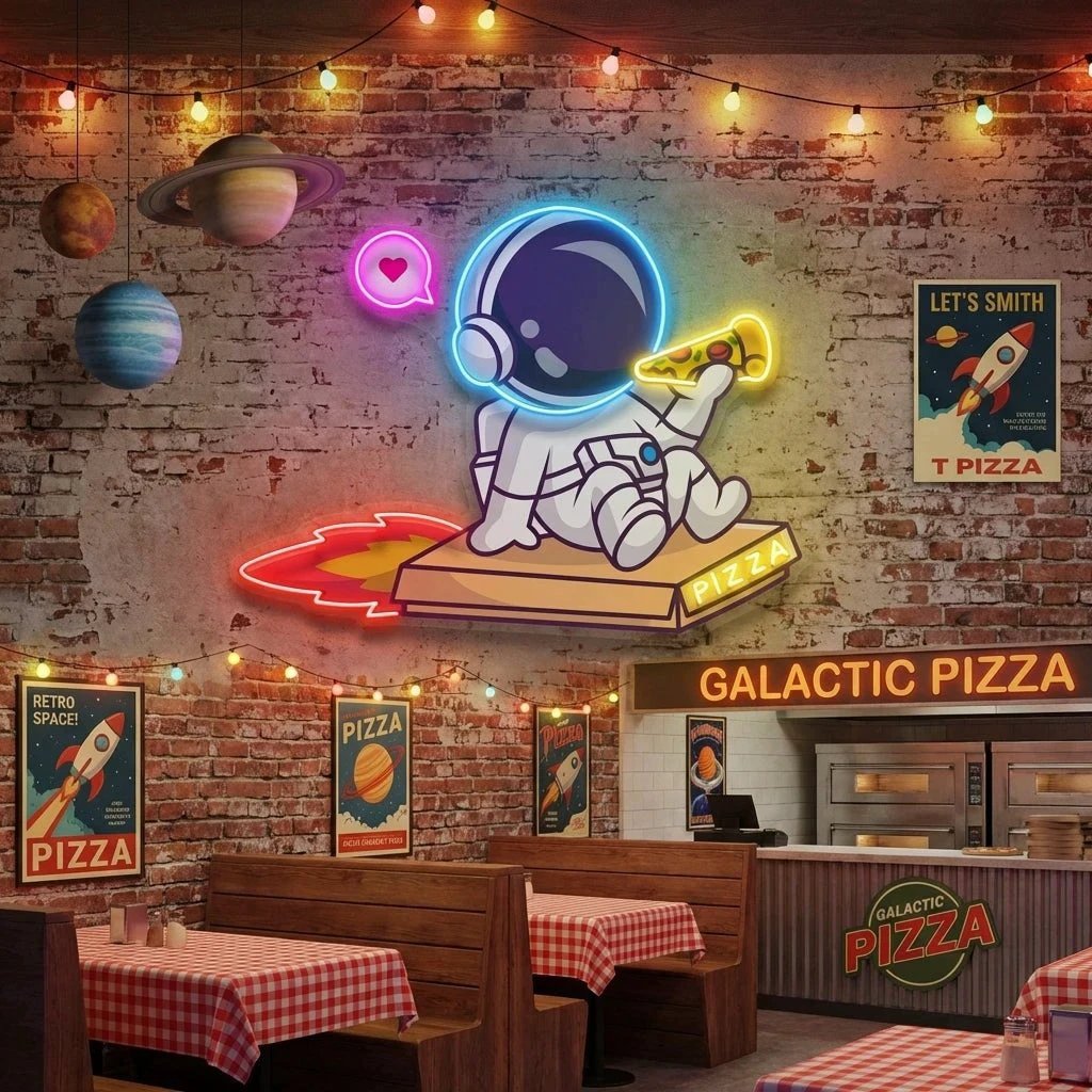 Cute Astronaut Riding Pizza Box Rocket And Eating Pizza Artwork Led Neon Sign Light