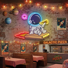 Cute Astronaut Riding Pizza Box Rocket And Eating Pizza Artwork Led Neon Sign Light