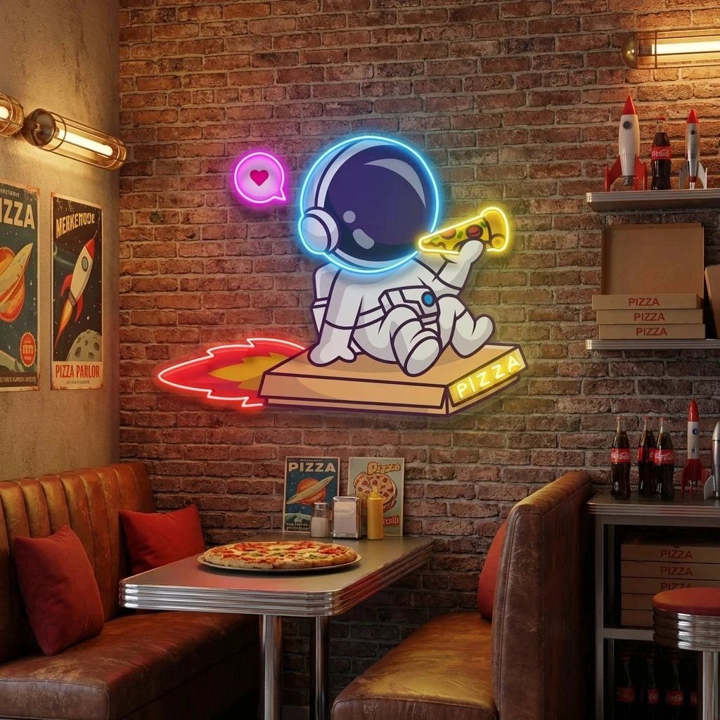 Cute Astronaut Riding Pizza Box Rocket And Eating Pizza Artwork Led Neon Sign Light