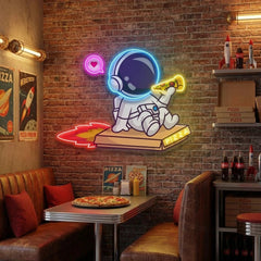 Cute Astronaut Riding Pizza Box Rocket And Eating Pizza Artwork Led Neon Sign Light