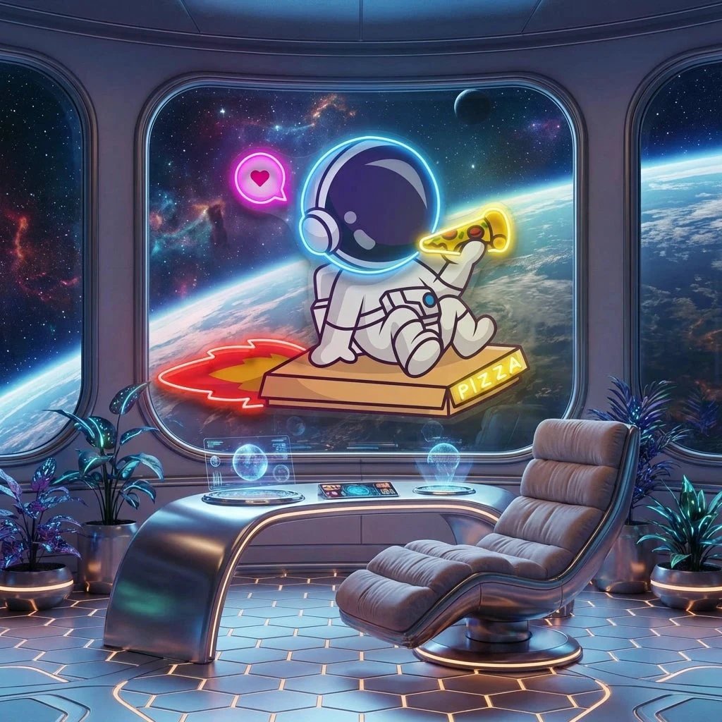 Cute Astronaut Riding Pizza Box Rocket And Eating Pizza Artwork Led Neon Sign Light