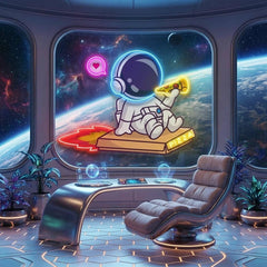 Cute Astronaut Riding Pizza Box Rocket And Eating Pizza Artwork Led Neon Sign Light