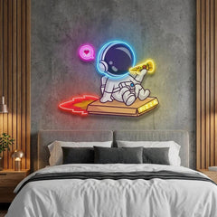 Cute Astronaut Riding Pizza Box Rocket And Eating Pizza Artwork Led Neon Sign Light