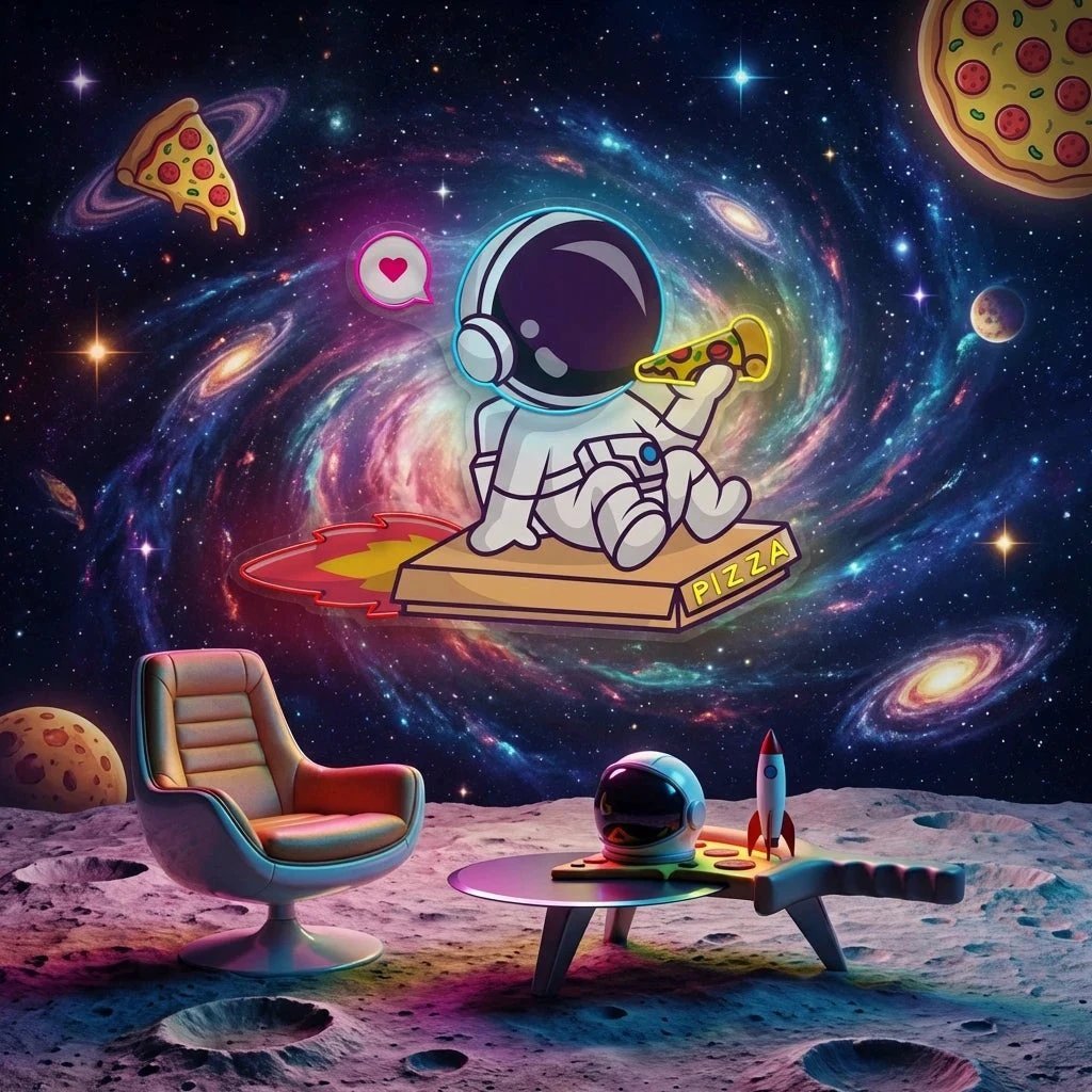 Cute Astronaut Riding Pizza Box Rocket And Eating Pizza Artwork Led Neon Sign Light