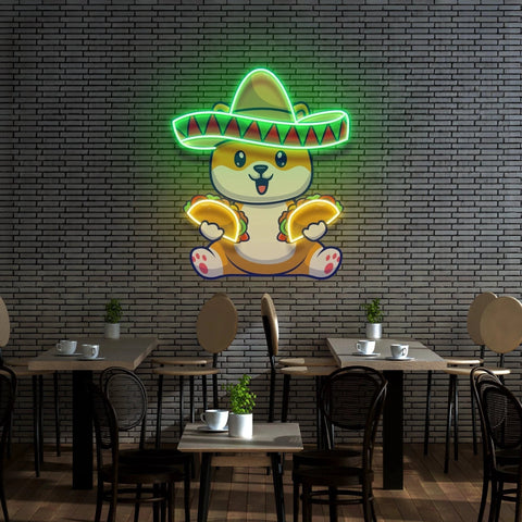 Cute Dog Eating Tacos With Sombreno Hat Artwork Led Neon Sign Light