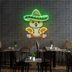 Cute Dog Eating Tacos With Sombreno Hat Artwork Led Neon Sign Light