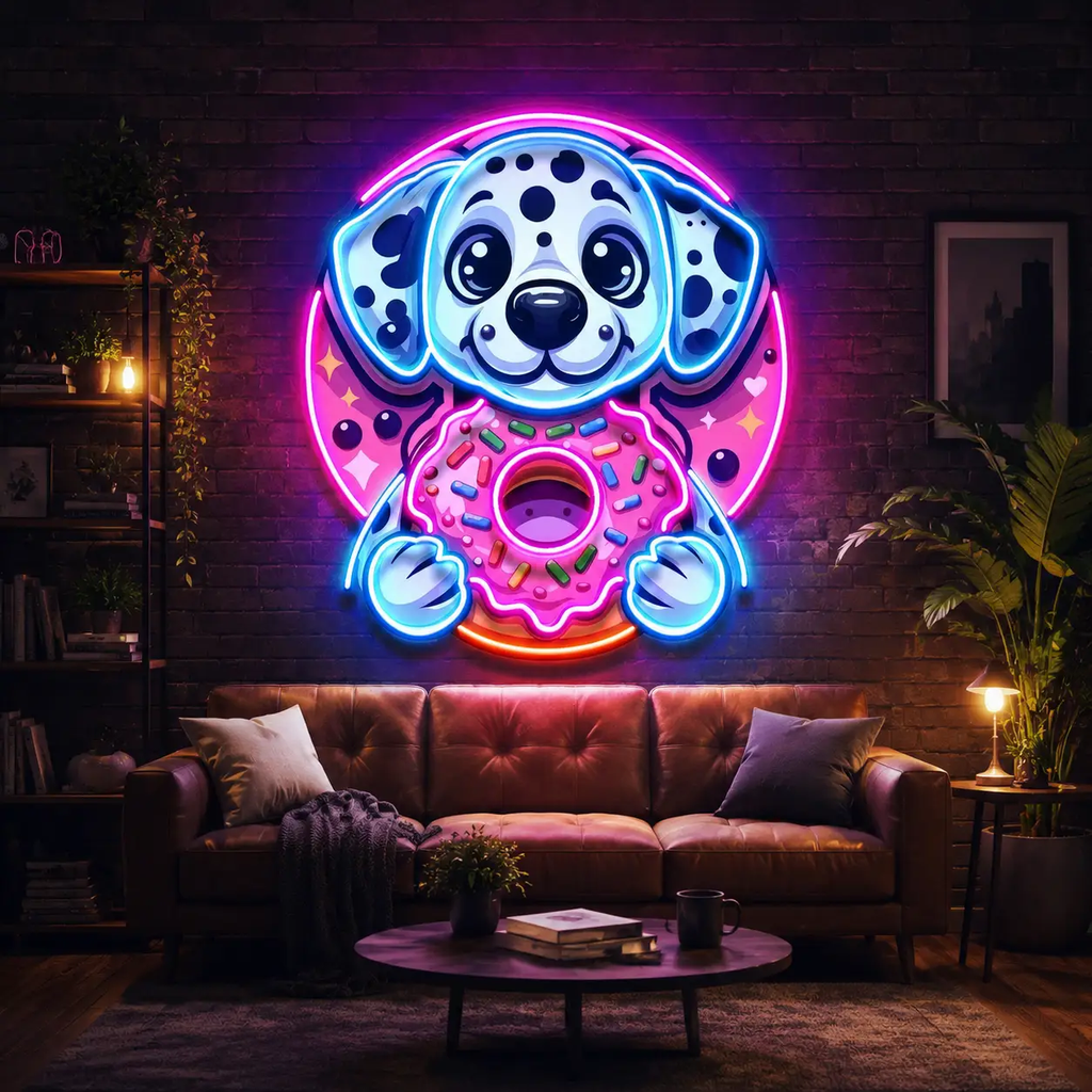 Cute Dog Hugging Donut LED Neon Sign Light Pop Art