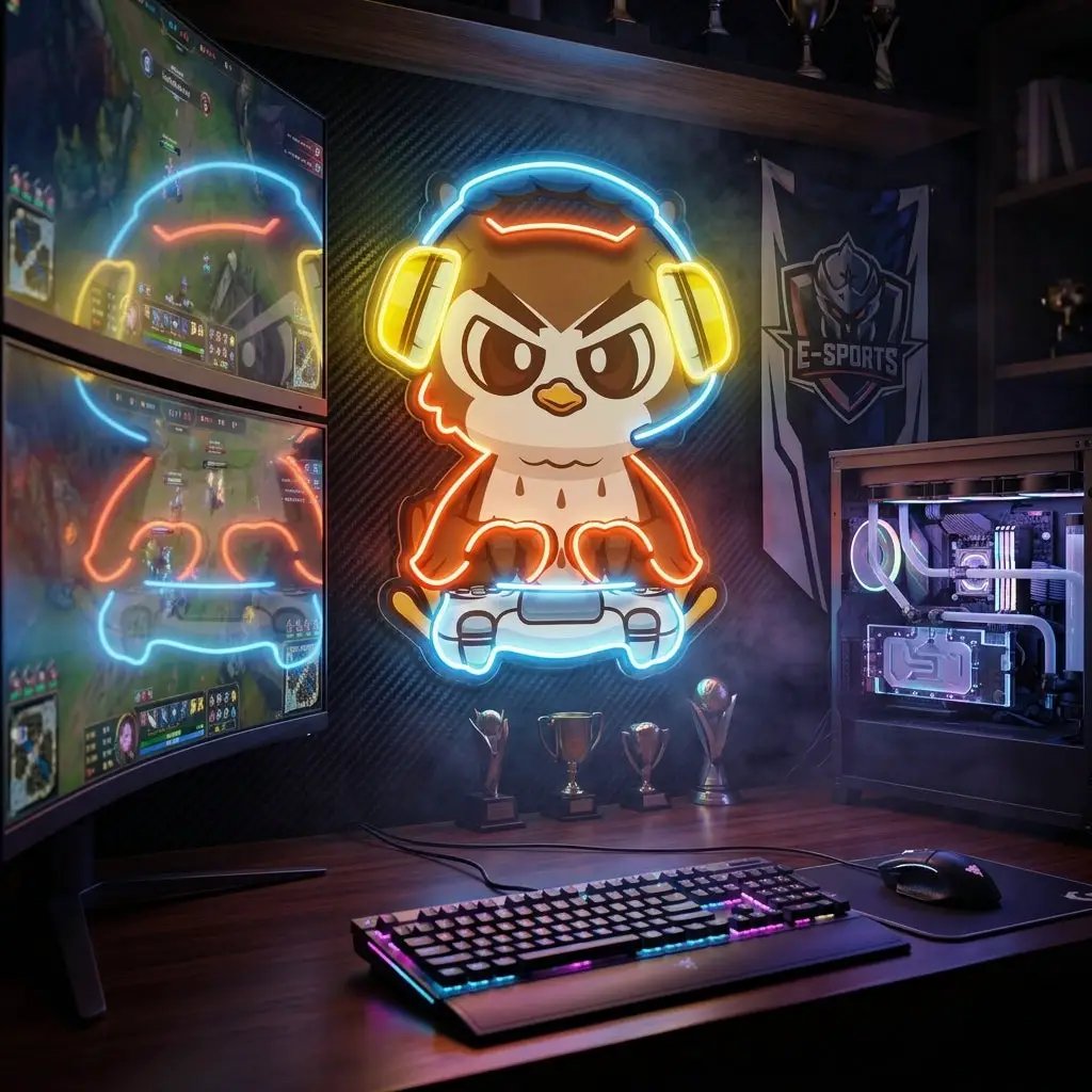 Cute Owl Gaming Cartoon LED Neon Sign Light Pop Art