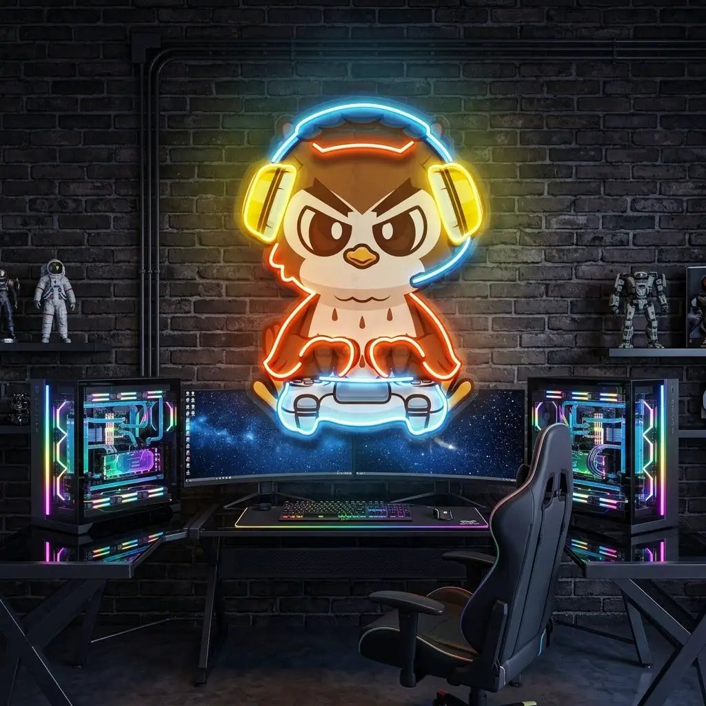 Cute Owl Gaming Cartoon LED Neon Sign Light Pop Art