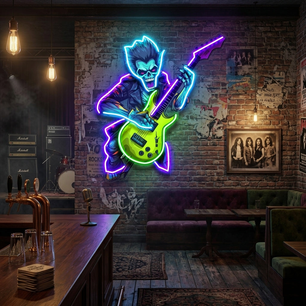 Cute Zombie Playing Electric Guitar LED Neon Sign Light Pop Art