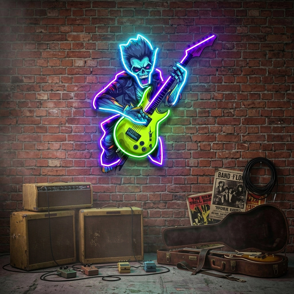 Cute Zombie Playing Electric Guitar LED Neon Sign Light Pop Art