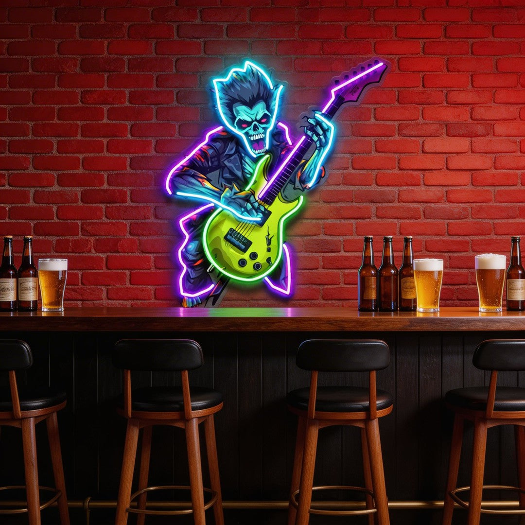 Cute Zombie Playing Electric Guitar LED Neon Sign Light Pop Art