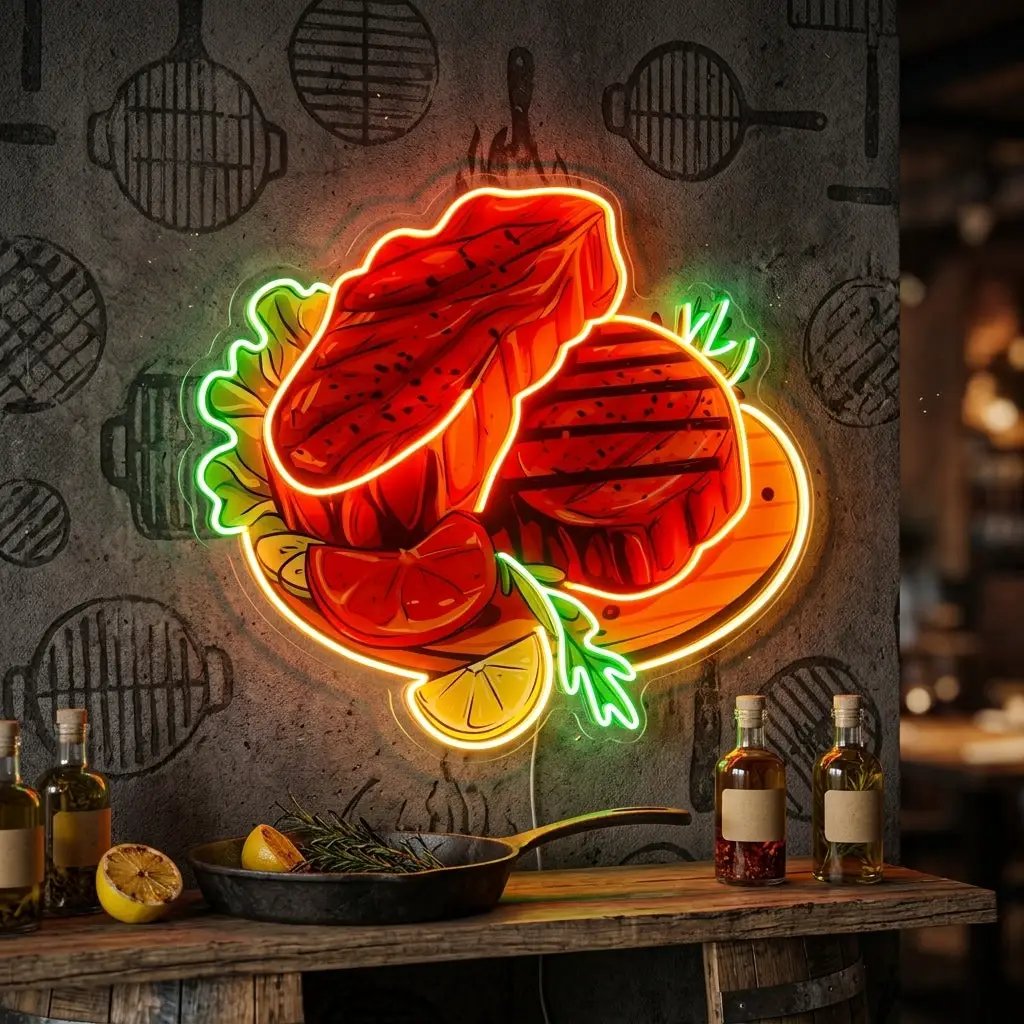 Grilled Meat Isolated LED Neon Sign Light Pop Art
