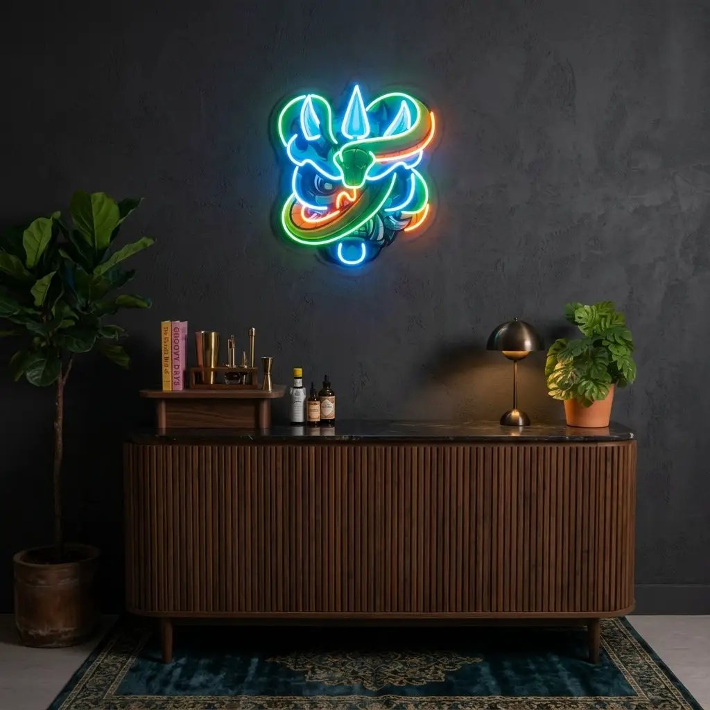 Oni Head And Green Snake LED Neon Sign Light Pop Art