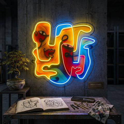 Two Quirky Faces Abstract Art LED Neon Sign Light Pop Art