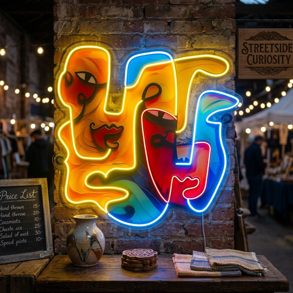 Two Quirky Faces Abstract Art LED Neon Sign Light Pop Art