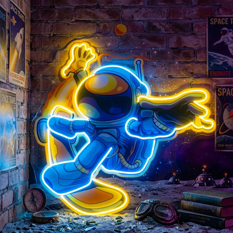 Astronauts Skateboarding LED Neon Sign Light Pop Art