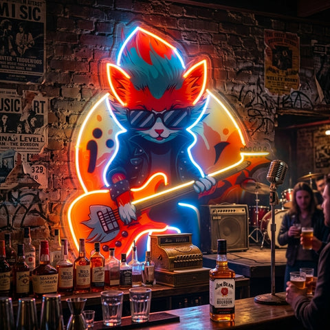 Cat Character With Guitar LED Neon Sign Light Pop Art