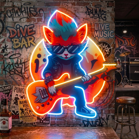 Cat Character With Guitar LED Neon Sign Light Pop Art