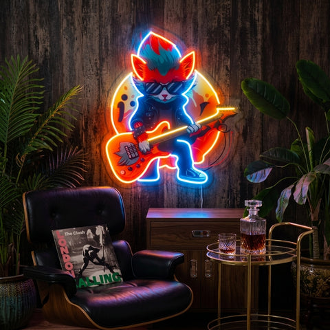 Cat Character With Guitar LED Neon Sign Light Pop Art