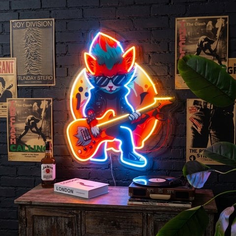 Cat Character With Guitar LED Neon Sign Light Pop Art