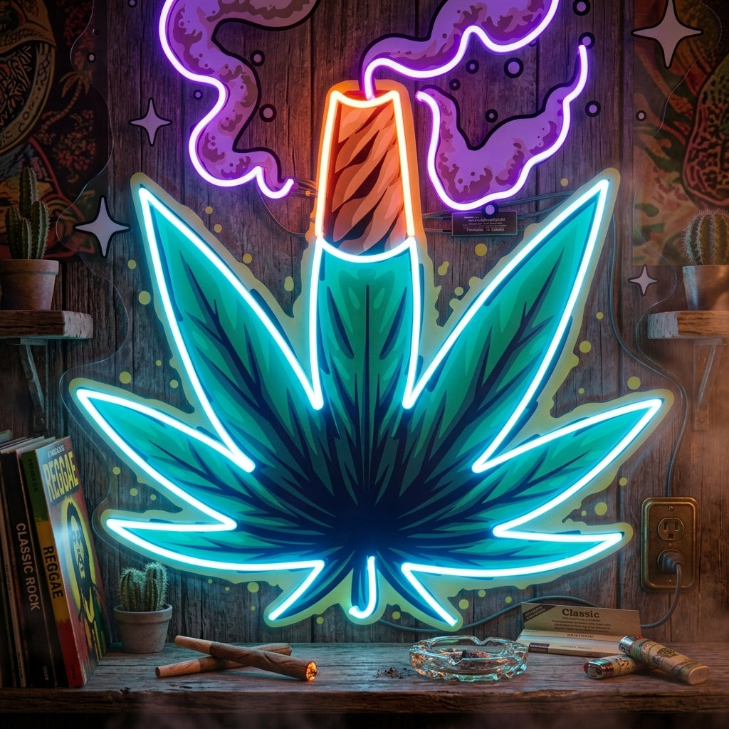 Weed Leaf With Smoke LED Neon Sign Light Pop Art