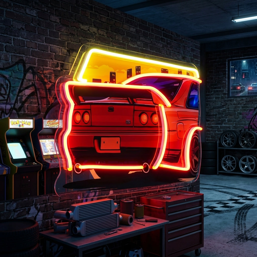 Car With Sunset LED Neon Sign Light Pop Art