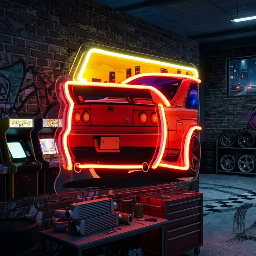 Car With Sunset LED Neon Sign Light Pop Art