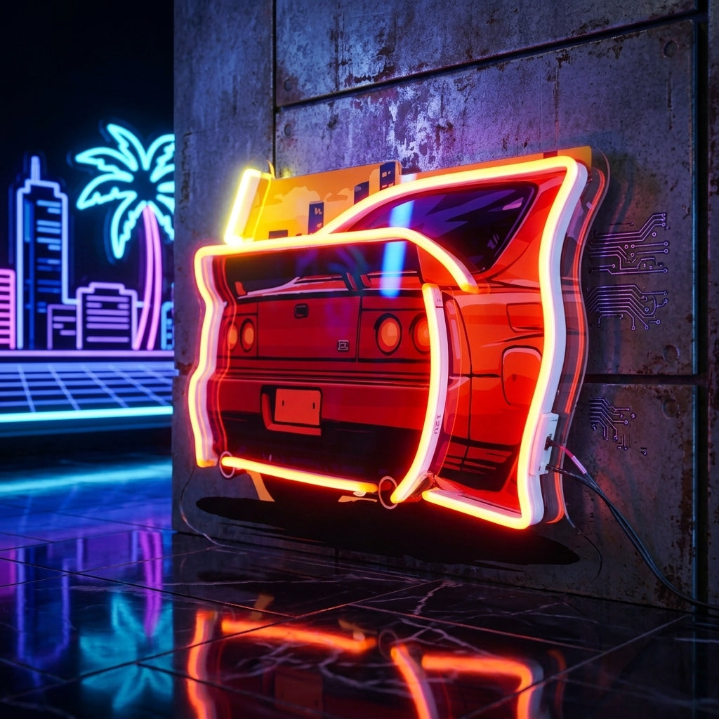 Car With Sunset LED Neon Sign Light Pop Art